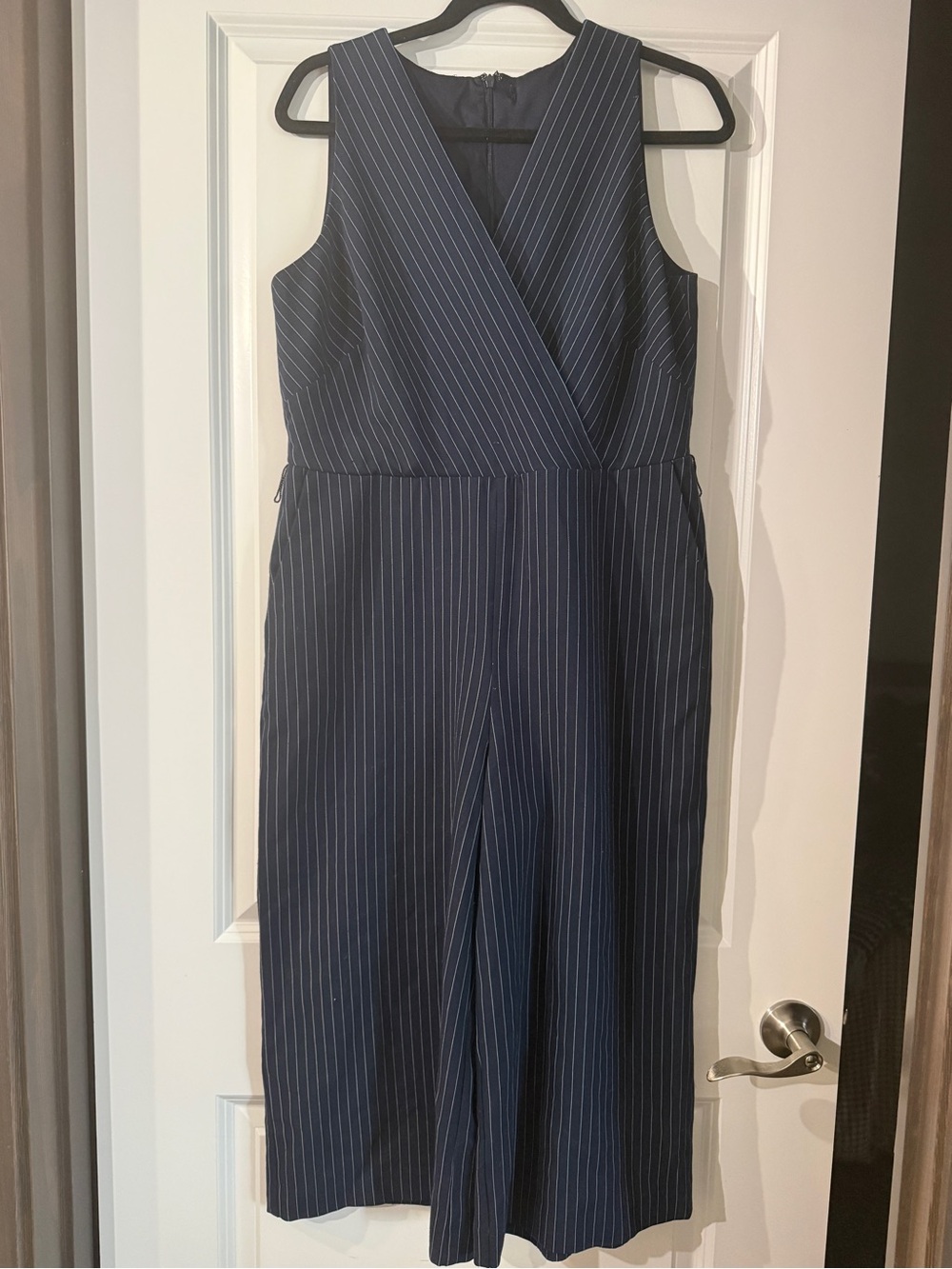 Navy Pinstripe Sleeveless Cropped Jumpsuit